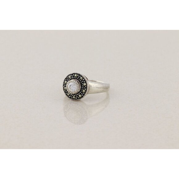 Sterling Silver Cubic Zirconia and Marcasite Ring Size 9 - Picture 5 of 7